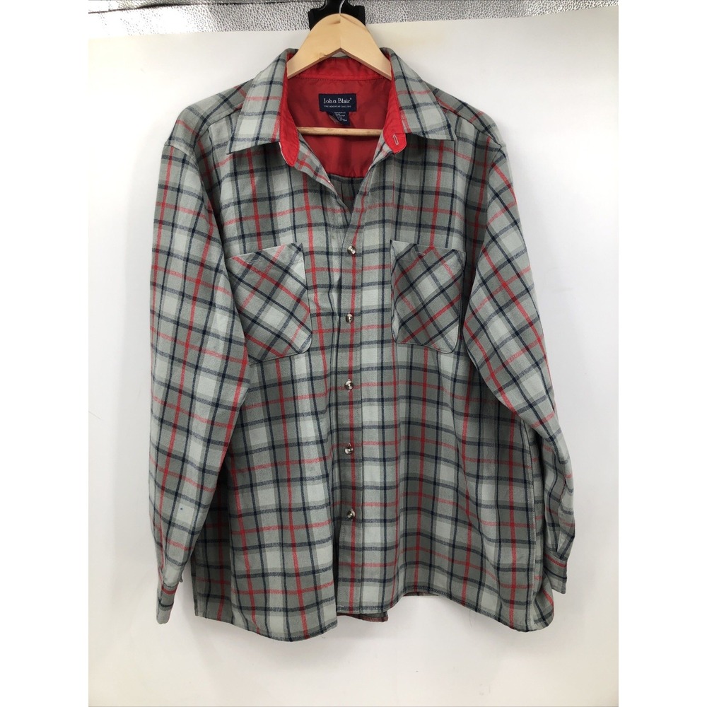 John Blair Gray Plaid Vintage Woven Long Sleeve Button Up Flannel Shirt Men's XL